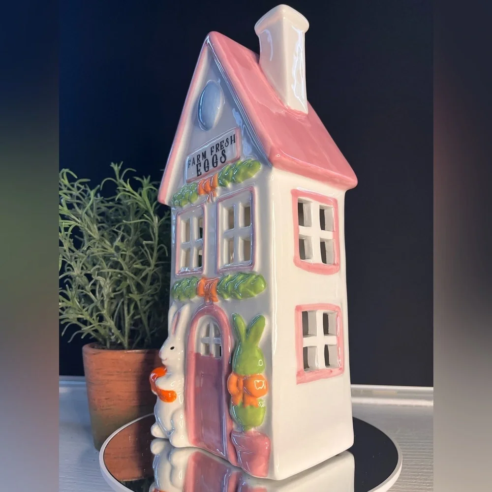 Ceramic Easter Farmhouse with Bunnies Light-Up Porcelain Tabletop Decor NWT